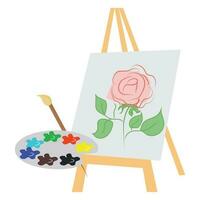 Easel and colorful palette with paints, brush. Elements of the artist. Banner for drawing school. Vector illustration, flat design, cartoon style isolated on white background.