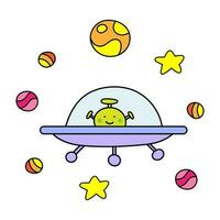 Colored vector drawing with an alien on a flying saucer in space