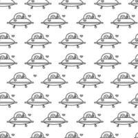 Black and white pattern with an alien on a flying saucer in space vector