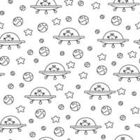 Black and white pattern with an alien on a flying saucer in space vector