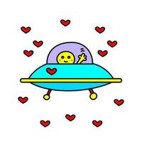 Colored vector drawing with an alien on a flying saucer in space