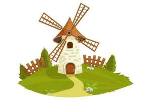 Windmill fairy with wooden fence, grass, trees, farming landscape in cartoon style isolated on white background. Retro, rural building, tower with wooden propeller. vector