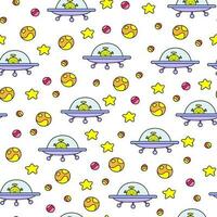 Colored vector drawing with an alien in a flying saucer in space