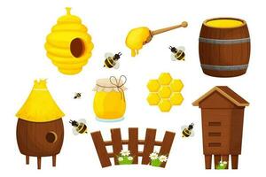 Set of different wooden beehive, cute fence, honey dipper, barrel and glass jar. Apiculture, beekeeping vector