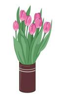 Pink hand drawn flat tulips bouquet in ceramic vase on white background. Floral vector isolated illustration. Botany composition for greeting card, invitation, background or banner.