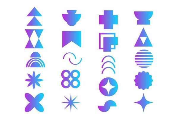 Set geometric gradient shapes contemporary modern trendy elements basic forms isolated on white background, futuristic figures, minimal abstract. Vector illustration