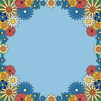 Vector retro cartoon floral frame with fields flowers. Template for wedding invitation, greeting cards. Decorative border with outline flowers. Illustration with text space on blue background