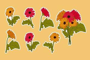 Sticker set of hand drawn blooming gerberas and bouquet of them. Vector flat isolated gerberas daisy flowers with leaves on yellow background. Perfect for stickers, decoration