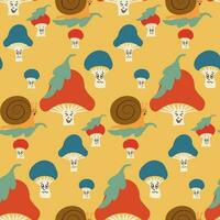 Kids cartoon seamless pattern with fungus on yellow background. Retro groovy elements mushrooms, dragonflies, snails in minimalistic style with facial expression. ideal for decoration, kids textile vector