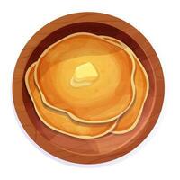 Pancakes stack with butter top view in wooden plate in cartoon style isolated on white background. Circle dessert, breakfast. . Vector illustration