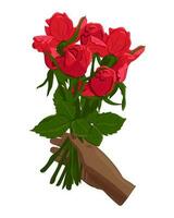 Black flat hand with bouquet of red roses. Vector flat isolated illustration on white background. From the personal point of view. Greeting or celebration concept