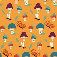 Kids seamless pattern with cartoon mushrooms on orange background. Vintage groovy elements mushrooms, dragonflies, butterflies in minimalistic style with facial expression. Perfect for kids textile vector