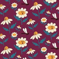 Childish pattern with cartoon chamomile characters on deep purple background. Retroemoricons elements in minimalistic style with facial expression. Suitable for decoration, kids textile, wrapping vector