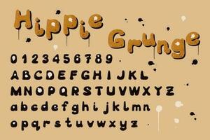 Hippie groove grunge style typescript. Vintage trendy typeface. Stylized isolated characters and numbers with paint splashes texture. Funky typeset. Perfect for nostalgia lettering design vector