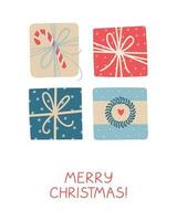 Christmas greeting card with colorful gifts on white background. vector