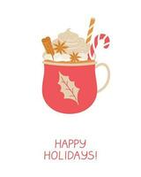 Christmas greeting card with red cup of hot chocolate. vector