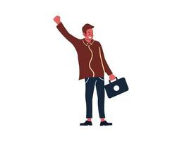 A man standing holding a suitcase, Raised hand excitedly going to work flat cartoon character isolated on white background, business vector illustration