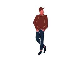 un hombre en pie elegante mano en bolsillo, americano juventud estilo, plano dibujos animados personaje aislado en blanco fondo, vector ilustración