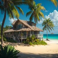 A picturesque beach scene with swaying palm trees and a charming house nestled among them photo