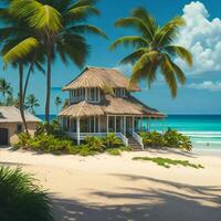 A picturesque beach scene with swaying palm trees and a charming house nestled among them photo