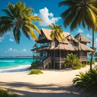 A picturesque beach scene with swaying palm trees and a charming house nestled among them photo