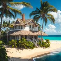 A picturesque beach scene with swaying palm trees and a charming house nestled among them photo