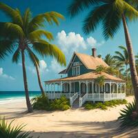 A picturesque beach scene with swaying palm trees and a charming house nestled among them photo