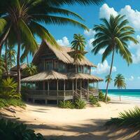 A picturesque beach scene with swaying palm trees and a charming house nestled among them photo