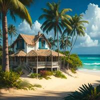 A picturesque beach scene with swaying palm trees and a charming house nestled among them photo