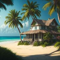 A picturesque beach scene with swaying palm trees and a charming house nestled among them photo