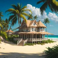 A picturesque beach scene with swaying palm trees and a charming house nestled among them photo