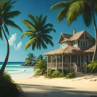 A picturesque beach scene with swaying palm trees and a charming house nestled among them photo