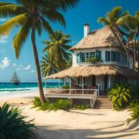 A picturesque beach scene with swaying palm trees and a charming house nestled among them photo