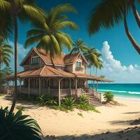 A picturesque beach scene with swaying palm trees and a charming house nestled among them photo