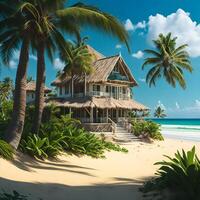 A picturesque beach scene with swaying palm trees and a charming house nestled among them photo