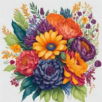 A vibrant and whimsical hand-drawn bouquet of decorative flowers in a watercolor style ai generated photo