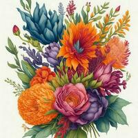 A vibrant and whimsical hand-drawn bouquet of decorative flowers in a watercolor style ai generated photo