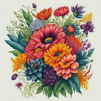 A vibrant and whimsical hand-drawn bouquet of decorative flowers in a watercolor style ai generated photo