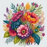 A vibrant and whimsical hand-drawn bouquet of decorative flowers in a watercolor style ai generated photo