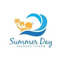 summer day logo beach holiday waves island coconut trees vector icon symbol illustration design