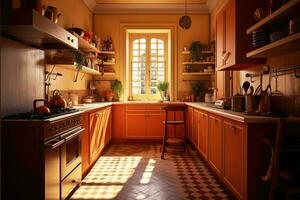 Classic old vintage interior kitchen room with minimal cozy tone style, decorate with counter table. chairs and warm tone background, with Generative Ai. photo