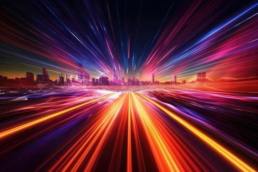 Speed light trails path through smart modern mega city and skyscrapers town with neon futuristic technology background, future virtual reality, motion effect, high speed light, with . photo
