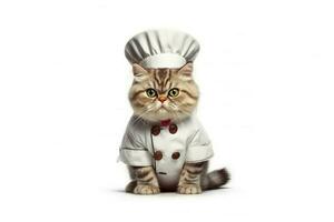 Cute fluffy kitty Cat Chef with costume ready to cooking for dinner isolated on white background, funny moment, pet concept, with Generative Ai. photo