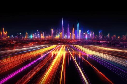 Speed light trails path through smart modern mega city and skyscrapers town with neon futuristic technology background, future virtual reality, motion effect, high speed light, with . photo