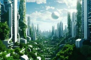Metropolis friendly ecology mega city buildings and towers, green environment city center metropolis, forest and garden in midtown, greenery skyscraper, Sustainable nature, with photo