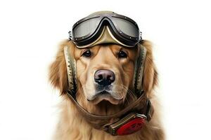 Cute dog Golden retriever with captain pilot costume for flying with airplane isolated on white background, funny moment, pet concept, with Generative Ai. photo