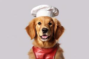 linda perro dorado perdiguero cocinero con disfraz Listo a Cocinando para cena aislado en blanco fondo, gracioso momento, mascota concepto, con generativo ai. foto