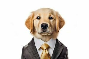 linda perro dorado perdiguero con oficina negocio traje disfraz para aplicar el trabajo aislado en blanco fondo, gracioso momento, mascota concepto, con generativo ai. foto
