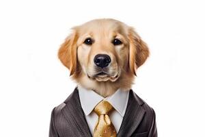 Cute dog Golden retriever with office business suit costume for apply the job isolated on white background, funny moment, pet concept, with . photo