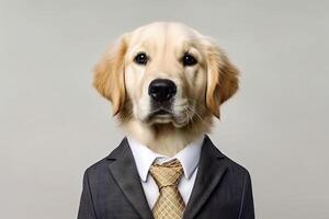 Cute dog Golden retriever with office business suit costume for apply the job isolated on white background, funny moment, pet concept, with . photo